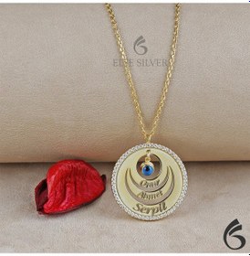 Resim Kişiye Özel Taşlı Çerçeve Nazarlı Üç Halka Gümüş Kolye 