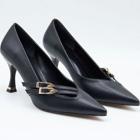 Resim Kadın Abiye Stiletto Mat Siyah Altın Tokalı 7cm Topuklu Tam Kalıp Siyah-cilt Siyah 