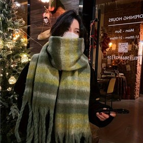 Resim Kadınlar için Peluş Renk Bloklu Eşarp Şal - Yeşil & Sarı Çizgili Yumuşak Sıcak Rüzgar Geçirmez Kış Aksesuarı, Günlük Gezintiler ve Tatil Etkinlikleri İçin Zarif Çok Yönlü Sarma, Sofistike Aksesuar 