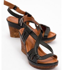 Resim Dericlub Kadın Dolgu Topuklu Sandalet Gerçek Deri Zy 5345 Siyah Siyah 