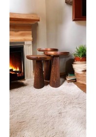 Resim Wood Wooden Ahşap 3 Lü Set Fitilli Mantar Yan Sehpa Modern Fındık Renk Fiskos Kahverengi 