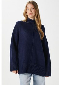 Resim Ritnice Kadın Wonder Yumuşacık Dik Yaka Lacivert Yırtmaçlı Oversize Triko Kazak Lacivert 