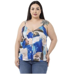 Resim Büyük Beden Ayarlanabilir İnce Askılı Önü Düğmeli Batik Desenli Mavi Bluz-mavi Mavi 