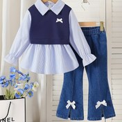 Resim Kızlar İçin İki Parçalı Takım: Şık Yaka Detaylı Bol Kesim Çizgili Baskılı Flare Kollu Üst + Gerçek Kotlu Fiyonk Süslemeli Ayak Etekli Kısa Boy Jean - Sonbahar ve Okula Dönüş Sezonu için Mükemmel, Dış Mekan Giyimi 