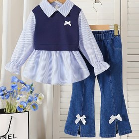 Resim Kızlar İçin İki Parçalı Takım: Şık Yaka Detaylı Bol Kesim Çizgili Baskılı Flare Kollu Üst + Gerçek Kotlu Fiyonk Süslemeli Ayak Etekli Kısa Boy Jean - Sonbahar ve Okula Dönüş Sezonu için Mükemmel, Dış Mekan Giyimi 