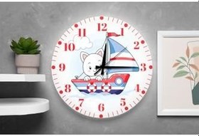 Resim M&H Quality(512) Sevimli Kedi ve Gemi Temalı Sessiz Mekanizma Duvar Saati – Çocuk Odası Dekoratif Kırmızı 40 x 40 