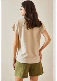 Resim Defymoda Kadın Keten Kumaş Kısa Kollu Gömlek Bej 