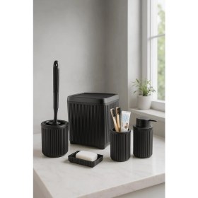 Resim Serisi Siyah Banyo Seti, 5 Parça Akrilik 5 Litre Çöp Kovası, Sabunluk, Fırçalık Takımı - 3088 