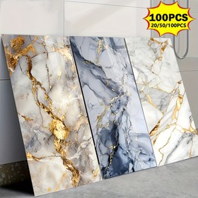 Resim 20/50/100 Adet Mermer Desenli Bohemian Yapışkan Vinil Duvar Çıkartmaları, Beyaz ve Altın Damarlı, Banyo, Mutfak, Ofis Dekoru için Yüksek Kaliteli Çıkarılabilir Dekoratif Karolar | Şık Duvar Sanatı | Kolay Uygulama 