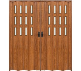 Resim Faran Dekorasyon 230 x 230 Ceviz Renk Camlı Çift Açılım Pvc Akordiyon Katlanır Kapı FRNAKMODEL-235 