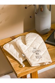 Resim LC Waikiki Ekru Baskılı Fırın Eldiveni ve Tutaç 