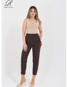 Resim Kadın Model Yüksek Bel Kumaş Kahverengi Pantolon 