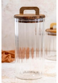 Resim Qerhome Borosilikat Cam Optik Çizgili Akasya Kapaklı Kavanoz Zahire 3200 Ml Şeffaf 