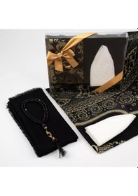 Resim Seccade + Eşarp + Takke + Tesbih Seti Asetat Kutulu, Siyah Siyah 65 x 110 CM 