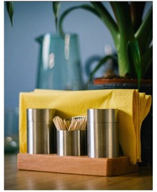 Resim Reyo Home 3'lü Paslanmaz Çelik Tuzluk Takımı - Ahşap Standlı Gri 