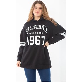 Resim Kadın Büyük Beden Haki İçi Şardonlu Üç İplik Kapşonlu Sweatshirt 65n37290-siyah Siyah 