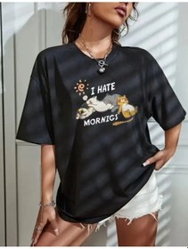 Resim Bisiklet Yaka Baskılı Oversize T-shirt - Siyah Siyah 