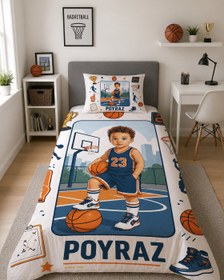 Resim Evmila Karikatüristik Basketbol Temalı Nevresim Takımı - 100x150 cm Nevresim ( Bebek Boy Özelleştirilmiş ) + 35x45 cm Yastık Kılıfı 