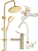 Resim ARMİLLA ARMATÜR Robot Duş Sistemi Beyaz Banyo Beyaz Mutfak Eviye Gold Kartal Lavabo Musluğu Bataryası 4’lü Set 