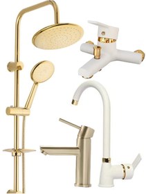 Resim ARMİLLA ARMATÜR Robot Duş Sistemi Beyaz Banyo Beyaz Mutfak Eviye Gold Kartal Lavabo Musluğu Bataryası 4’lü Set 