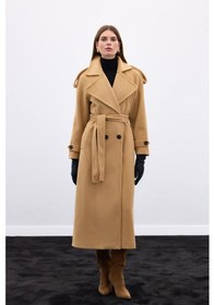 Resim Sateen Geniş Yaka Uzun Kaban - Camel-136666 Camel 