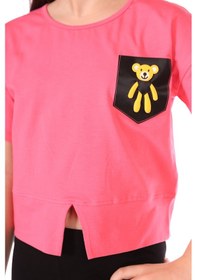 Resim Toontoy Kids Toontoy Kız Çocuk 2'li Takım Baskılı Bisiklet Yaka T-shirt & Beli Lastikli Crop Tayt - Yırtmaç Detaylı Fuşya 