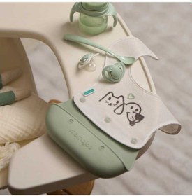 Resim Mamajoo Silikon & Kumaş Katlanır Mama Önlüğü | 2-in-1 Powder Green + Kumaş Önlük 