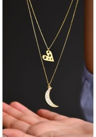 Resim 925 Ayar Gümüş Altın Kaplama Kalp ve Mineli Ay Asansör Kolye UVPS102136 