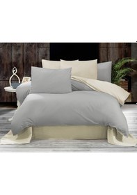 Resim Vionetta Çift Renk Lastikli Çift Kişilik Nevresim Takımı Gri - Krem 