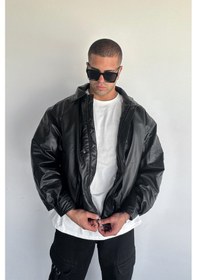 Resim Terapi Men Siyah Oversize Dolgulu Bomber Deri Ceket Siyah 