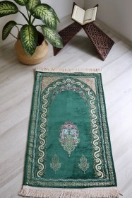 Resim Çeyizlik Astarlı Lüks Seccade Hediyelik S1019 Siyah Yeşil 