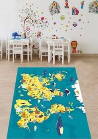 Resim Pelangi Safari Karada ve Suda Yaşayan Hayvanlar Yıkanabilir Kaymaz Taban Leke Tutmaz Çocuk Odası Halısı, Turkuaz-Sarı 60 x 200, 903868015760200 
