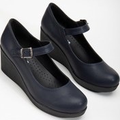 Resim Baretli Suni Deri Lacivert Kadın Dolgu Taban Ayakkabı-3103-lacivert Lacivert 