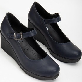 Resim Baretli Suni Deri Lacivert Kadın Dolgu Taban Ayakkabı-3103-lacivert Lacivert 