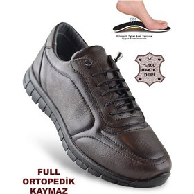 Resim 909 Tam Ortopedik Taban Hakiki Deri Erkek Ayakkabı Kadın Ayakkabı Kaymaz Taban Unisex Ayakkabı Lastikli Bağcık Kahverengi 