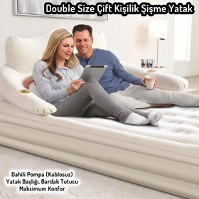 Resim EFSANE KAMP - Double King Başlıklı Otomatik Şişen Dahili Pompalı Çift Kişilik Şişme Yatak - 203*152*40cm 