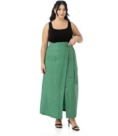 Resim Büyük Beden Önden Yırtmaçlı Süs Bağlama Detaylı Torba Cepli Yeşil Midi Etek Yeşil 