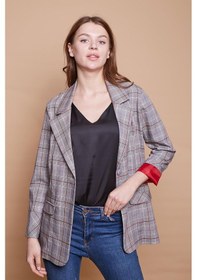 Resim Ekoseli Yakalı Kolu Katlamalı Cep Kapaklı Boyfriend Hafif Likralı Kumaş Blazer Ceket-bordo Ekose Bordo Eks. 