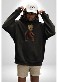 Resim Bebek Groot Guardians Galaxy Kadın Erkek Siyah Kapüşonlu Sweatshirt Hoodie Siyah 