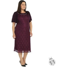Resim Nidya Moda Büyük Beden Sandy Kombin Dantel Elbise-4026Dym Mürdüm 