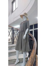 Resim Eren Style İtalyan Müslin Keteni Üstü File Bluzlu Astarlı Tek Parça Elbise Vizon 