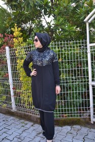 Resim AYSUN AYDEMİR Gümüş Payet Detaylı Siyah Fermuarlı Tesettür Eşofman Takımı 