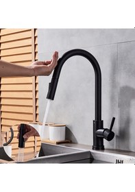 Resim Sensörlü Dokunmatik Tasarım Fıskiyeli Hortumlu Mat Siyah Mutfak Eviye Bataryası 