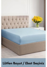 Resim Mavi Renkli %100 Pamuklu Penye Kumaş Fitted Lastikli Çarşaf Mavi 