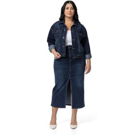 Resim Büyük Beden Önden Yırtmaç Detaylı Beş Cepli Midi Denim Lacivert Etek-lacivert Lacivert 