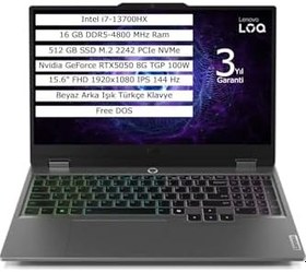 Resim Lenovo LOQ 15IRX10 Gaming Laptop, Intel i7-13700HX, 16GB DDR5-4800MHz RAM, 512GB SSD M.2 PCIe NVMe, NVIDIA GeForce RTX5050 8GB, 15.6" FHD 144Hz IPS, Beyaz Arka Işık Türkçe Klavye, FreeDOS 