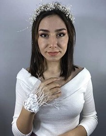 Resim Krem İncili Taç Ve Beyaz Tüylü Bileklik Nikah Takımı 