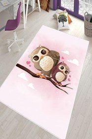 Resim Pelangi Pembe Kuş Desenli Yıkanabilir Kaymaz Taban Leke Tutmazbebek Ve Çocuk Odası Halısı, Pembe-Kahve 100 x 300 