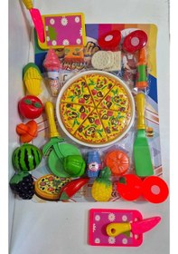 Resim Tepsi Pizza Kesilen Meyve 41 Parça Sebze Dondurma Bisküvi Pasta Kesme Tahtası Evcilik Oyuncak 