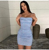 Resim Kadın Sırtı Açık Benekli Seksi Dar Halter Elbiseler Mavi 